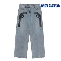 Herren Jeans Herren Vintage Punk Hip Hop Pistol Niete Denim Hose Streetwear 2024 Haruku lässig Lose Jeanshose Blau