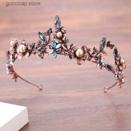 Tiaras Vintage Bridal Crown Baroque Rhinestone Crystal Flower Crown Wedding Hair Accessories Bridal Headdress Queen Headdress Gift Y240319