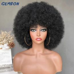 Wigs GEMBON Afro Wigs For Black Women With Bangs Short Curly Synthetic Omber Brown Fluffy Soft Wig Glueless Cosplay Hair 10 Inch