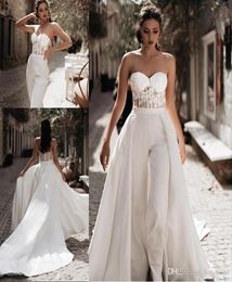 Modest Jumpsuit Beach Wedding Dresses with Detachable Train Sweetheart Pants Satin Lace Appliques Country Mother Bridal Gowns9257013