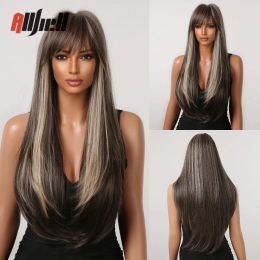 Wigs Straight Brown Blonde Highlight Hair Wig with Bangs for Black Women Long Synthetic Wigs Heat Resistant Fibre Wig Cosplay Daily