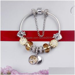 Charm Bracelets Gold Beads Bracelet 925 Sier Heart Crystal Strands Tree Life Pendant Beaded Bangle Women Girls Fashion Trendy Gift Dro Dh0Uf