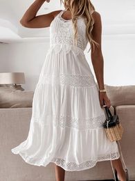 White Lace Summer Dresses Women Elegant Sexy Sleeveless Backless Midi Dress Fashion Romantic Spaghetti Strap A-Line Beach Dress 240315