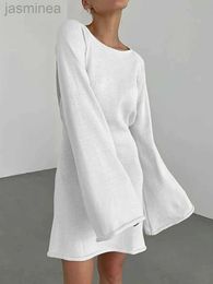 Basic Casual Dresses Women Backless Knitted Dress Bell Long Sleeve Crochet Back Slim Short Dress Summer 24319