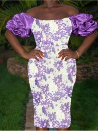 Dresses Women Bodycon White Purple Lace Dress Off Shoulder Puff Sleeves Event Birthday Wedding Guest Occasion Gowns African Plus Size