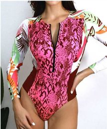 Wholesale Sexy Luxury Designer Bikinis Set Top Seller Beach Swimming Snakeskin Tropical Print Zip Front One Piece Swimsuits