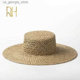 Wide Brim Hats Bucket Hats Summer and autumn handmade seaweed flat bottomed boats str hats womens outdoor beaches sunny ladies natural salt grass flat bottomed hats R