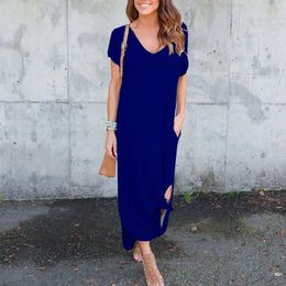 Casual Dresses Elegant Party For Women Short Sleeve Tie Knots Hem Long V Neck Solid Color Side Slit Maxi Dress With Pocket