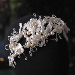Tiaras Handmade Silver Bridal Headband Crystal Pearl Hairbands Handmade Vintage Wedding Hair Accessories Bridal Headpiece Prom Crown Y240319