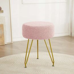 Faux Teddy Fur Round Vanity Stool, Modern Ottoman Foot Rest with Adjustable Golden Legs, Makeup Chair for Vanity, Washroom, Bedroom, Pink