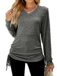 Women Long Sleeve V-neck Pleated Lightweight Sweatshirt T-shirt Tops 240311