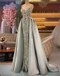 Bling Crystal Beaded Arabic Party Haute Couture Formal Evening With Detachable Skirt Robe De Soiree Prom Dress Gown