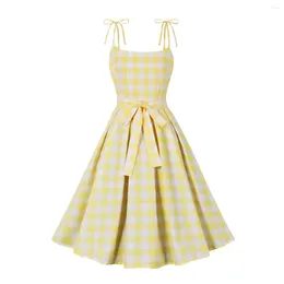 Casual Dresses Yellow Chequered Plaid Vintage Summer Women 2024 Robe Pinup Spaghetti Straps Rockabilly Cocktail Party Prom Retro Dress