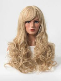 Synthetic Wigs Lace Wigs 24 Inch Womens Wig Realistic Natural Headpiece Blonde Long Curly Bangs Wig 240329