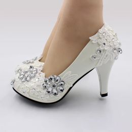 Boots White Lace Rhinestones Wedding Shoes Bride crystal shoes Handmade Women Pumps High Heels big size 4.5/8.5cm Bridal shoes