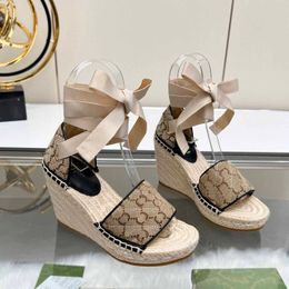 Designer Sandals Womens Wedge Platform Heel Matelasse Espadrille shoes Thick Sole Lafite Decorative Genuine Leather Ankle Lace-up Strap op Quality brand shoes