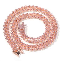 Collana con catena a maglia cubana Miami placcata in oro rosa con strass rosa ghiacciato da 12 mm in lega di zinco. Gioielli all'ingrosso