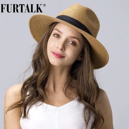 FURTALK Summer Hat for Women Men Panama Straw Hats Travel Beach Sun Wide Brim Fedora Jazz 240309