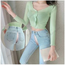 Women's Jeans Invisible Open Crotch Outdoor Sex Denim Pencil Pants Slim Fit Elastic Tight Light Blue