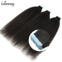 Extensions Isheeny Kinky Straight Tape In Extensions Human Hair For Women 1226 Inch Remy Hair Natural Black 1B Real Human Hair