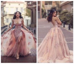 2019 Sheer Arabic Mermaid Prom Dresses Top Quality Sheer Lace Appliques with Capes Long Prom Party Split Gowns With Detachable Tra7645742