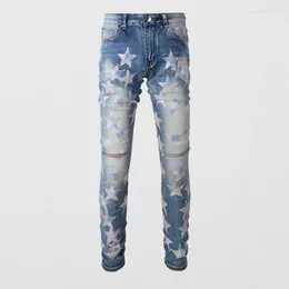 Men's Jeans Street Fashion Men Retro Light Blue Stretch Slim Ripped Hip Hop Hole Trousers Patch Designer Brand Pants Hombre