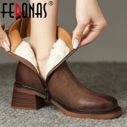 Boots FEDONAS Classic Women Snow Ankle Boots Thick Heels Office Ladies Casual Winter Warm Thick Plush Genuine Leather Shoes Woman
