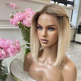 Synthetic Wigs Synthetic Wigs Soft Ombre Blonde Short Cut Bob 613 Natural Hairline Silky Straight Lace Front Wigs For Black Women With Baby Hair Daily Cosplay 240327