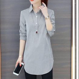 Women's Blouses Fashion Striped Printing Oversize Clothing 2024 Spring Casual POLO Collar Long Sleeve Women Korean Shirt