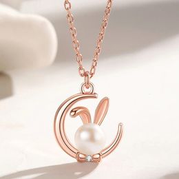 Cute Pearl Rabbit Moon Pendant Necklace For Lady Party Accessories Trendy 925 Sterling Silver Chain Women Jewellery Set 240305