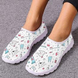 Flats INSTANTARTS Cartoon Tooth Print Slipon Shoes Breathable Dental Shoes Comfortable Flat Medical Nursing Shoes For Women Loafers