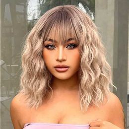 Synthetic Wigs Lace Wigs Short Ombre Blonde Wig With Bangs Shoulder Length Curly Wavy Bob Wig for Women Natural Looking Synthetic Curly Blonde Bob Wig 240328 240327