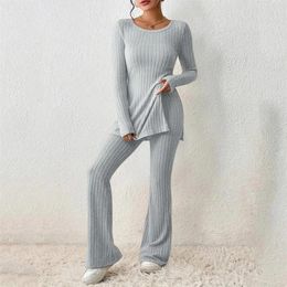 Women's Two Piece Pants Knit Matching Outfits Fashion Solid Colour Crew Neck Slit Hem Tee And Tracksuit Sets Comfy Home Wear