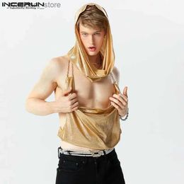 Men's Tank Tops Party Nightclub Style Tops Mens Fashion Flash Fabric Vests Sexy Hot Sale Hooded Swing Collar Sleeveless Waistcoat S-5XL L240319