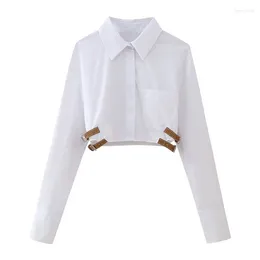Women's Blouses Spring Cropped Shirts For Women Belt Button Up Shirt Woman Long Sleeve And Top Female