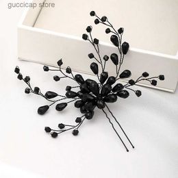 Tiaras Black Color Crystal Hairpins Handmade Vintage Baroque Tiara Headpiece Wedding Headdress Women Bridal Hair Accessories Jewelry Y240319