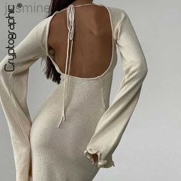 Basic Casual Dresses Cryptographic Knitted Sweater Maxi Dress Women Flare Sleeve Sexy Backless Dresses Edible Tree Fungus 240319