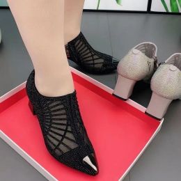 Boots 2023 Autumn Women Ankle Boots Sexy Hollow out Rhinestone Low Heel Dress Shoes Fashion Pointed Toe BLACK GREY Dropshipping