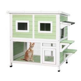 Ketive House Weatherproof Feral Cat Houses for Outdoor Cats, Wooden Indoor Two Story Kitty Shelter with Escape Door, Platforms, 2 Pull-out Tray (green)