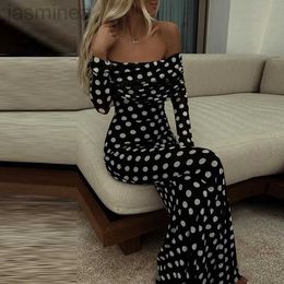 Basic Casual Dresses Slash Long Sleeve Party Dress Fashion Polka Dot Printed Dress Women Sexy Mesh Hight Waist Long Dresses 240319