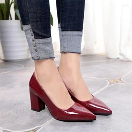 Dress Shoes 2024 Women Pumps Black High Heels Lady Patent Leather Shallow Thick With Autumn Pointed Single Slip-On Female