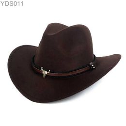 Wide Brim Hats Bucket New West Cowboy Hat Fashion Imitation Wool Felt Metal Bull Head Decoration Sombrero Western Men Women Cap Black Brown 240319