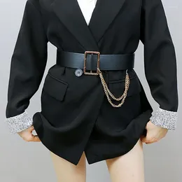 Belts Design No Pin Rectangle Buckle For Women Black Wide Waist Strape Punk Gold Chain Tassel Decorate Coat Jeans Dress Girl