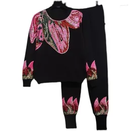 Tute da donna 2024 Maglieria Abiti a 2 pezzi Autunno Moda donna Paillettes Maglione caldo Pantaloni larghi Set lavorati a maglia casual di grandi dimensioni