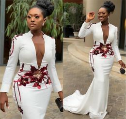 New White Mermaid Sexy African Evening Dresses High Neck Long Sleeves Appliques Prom Dresses Deep Vneck Formal Party Gown9095218