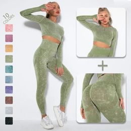 Seamless Washed Yoga Set Sports Fitness Workout High Waist Peach Hiplifting Pants LongSleeved Suits Gym Leggings for Women 240307