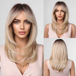 Synthetic Wigs Cosplay Wigs ALAN EATON Long Blonde Wigs for Women Synthetic Hair Wig with Fringe Ombre Color with Dark Roots Layered Wigs Heat Resistant 240329