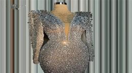 Glitter Silver Mermaid Formal Evening Dresses For Arabic Women Sexy Deep V Neck Long Sleeves Beaded Crystals Prom Occasion Gowns V1304941