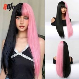 Synthetic Wigs Cosplay Wigs Black and Pink Long Straight Synthetic Wigs with Bangs for Women Cosplay Halloween Christmas Hair Heat Resistant Two Tone Wig 240327