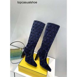 Fendig Boot Boots Highheeled Chenil Baget Kare Toe Mavi ve Siyah Jakard Motif Topuk Yüksekliği 110 Mm Bayanlar Moda S5XV